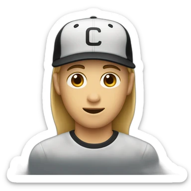 the traditional ghost emoji, but with male medium length hair and an entirely black baseball cap sticker