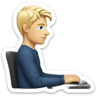 male 24, blonde hair, blue eyes, working on a laptop, side view, mulet hairstyle sticker