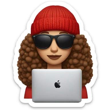 brown hair with sunglasses and a red beanie with a pom-pom, has AirPods in and is on a Mac laptop sticker