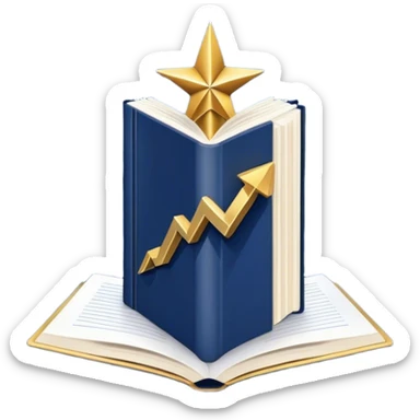 A navy blue productivity book with gold details, chart with upward trend aura, radiating productivity, strategy, and success in motion- sticker