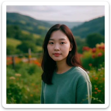 A portrait of a person in the foreground, blurred plants in the foreground, a wooden fence and colorfull flowers in the midground, rolling hills in the background, cinematic depth of field, layered composition, natural lighting sticker