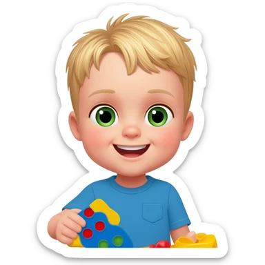 Use the same 3 year old blonde boy with green-blueish eyes as before  happy playing with toys with a blue tshirt sticker