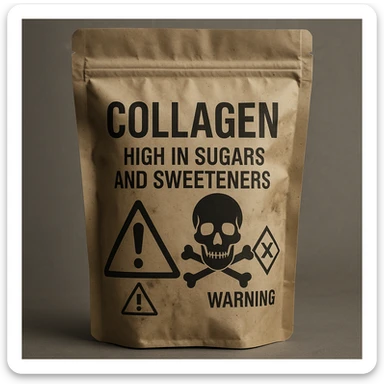 realistic collagen supplement package labeled as high in sugars and sweeteners, negative atmosphere, details suggesting danger or poison, warning symbols, neutral background sticker