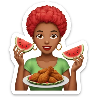A black woman eating fried chicken and watermelon sticker