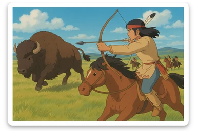 A native American warrior with a bow and arrow on horseback hunting a buffalo on the great plains grassland with other native americans in the background sticker