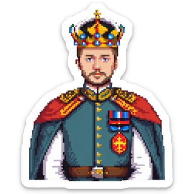 Russian Tsar with elaborate crown, decorated military uniform with medals, royal cape sticker