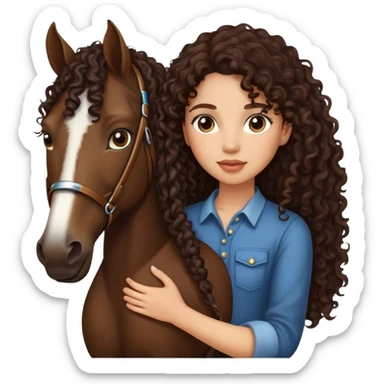 girl with light skin with dark brown curly long hair holding horse sticker