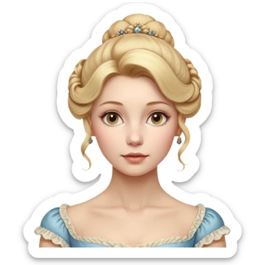 Cinematic Realistic Rococo Portrait, depicted with lifelike skin texture, subtle rosy undertones, and soft natural lighting that enhances the gentle contours of her face. Her intricately detailed golden blonde hair is elegantly styled in an updo, sticker