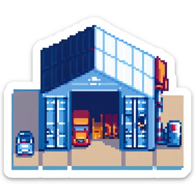 isometric warehouse building with loading dock, shipping containers, and forklift sticker