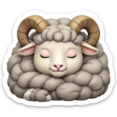 Meme-Worthy Cute Sleeping Ram Portrait Emoji, Head resting peacefully with a contented smile, showcasing a robust build and a luxuriously soft woolly grey fur with gently curled horns, eyes shut in a serene, restful nap, Simplified yet hilariously adorable features, highly detailed, glowing with a soft, drowsy light, high shine, relaxed and utterly lovable, stylized with an air of playful laziness, bright and heartwarming, soft glowing outline, capturing the essence of a comically sleepy ram, so meme-worthy it feels like it could instantly become the next viral sensation of adorable slumber! sticker