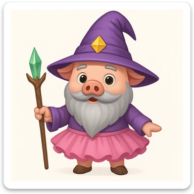 Add a pink tutu to the pig wizard character. The original style is emoji style, but since emoji style does not support editing, please create the edit in a style that respects the emoji look and feel, focusing on a concise and clear representation of the pig wizard wearing a pink tutu. sticker