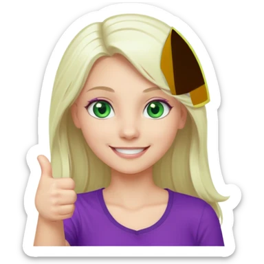 Long platinum blonde hair girl with green eyes in purple top with thumbs up  sticker