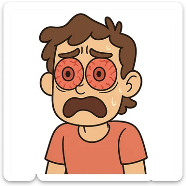 a person with big, reddened eyes, looking shocked and uncomfortable, as if vinegar was dripped into their eyes, cartoon style, clear facial expression sticker