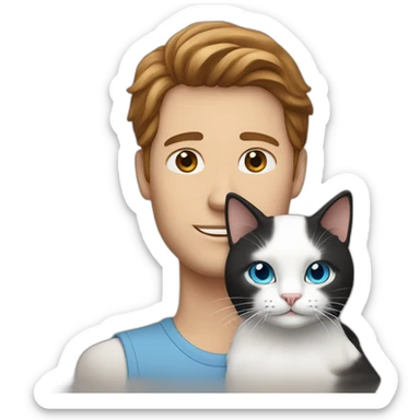 a white guy with blue eyes and long brown hair holding his white black cat sticker