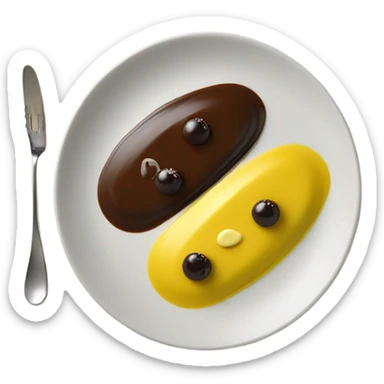 1 Chocolate quenelle and 1 vanilla quenelle on a fine dining glass plate with 3 small drops of yellow sauce as decoration sticker