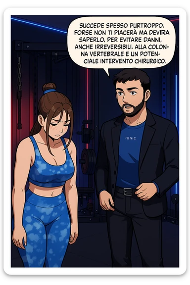 fai questa immagine in versione fumetto/manga/webtoon a colori, il manga mostra l'uomo che risponde alla donne:
Succede spesso purtroppo. 
Forse non ti piacerà ma devi saperlo, per evitare danni, anche irreversibili, alla colonna vertebrale e un potenziale intervento chirurgico. sticker