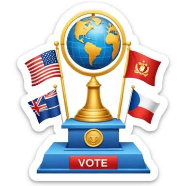 An icon featuring a podium with a speaker, national flags, and voting ballots, symbolizing political science. The design includes a globe and scales of justice in the background, representing governance, global affairs, and political theory. Transparent background emphasizes civic engagement sticker