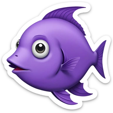 ultra derpy purple fish with wonky eye and comically large lips, perfect flat side profile facing right, exactly 90 degrees, completely 2D like a paper cutout, only one eye visible, absolute side view sticker