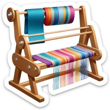 Weaving icon, loom with colorful fabric being woven, visible shuttle, spools of yarn, fabric swatches, sewing patterns, and finished clothes, minimalistic style, clean lines, transparent background. sticker