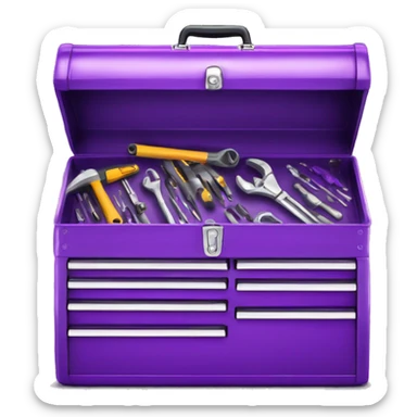 Realistic metallic purple tool box with top open and tools inside of it isolated.  sticker