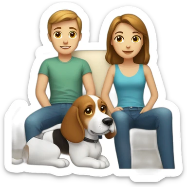 Brown hair White boy and girl and beagle Sit on couch sticker