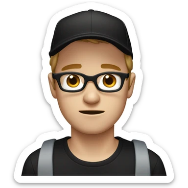 white male with blue eyes, black glasses, black cap and black t-shirt crying sticker