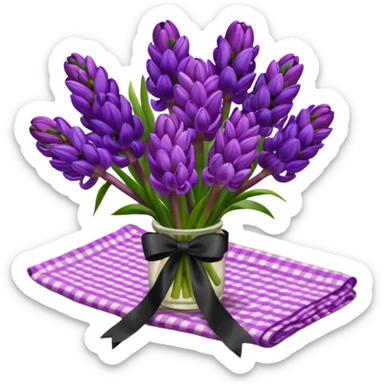 A lush bouquet of bright prple color Hyacinths black satin ribbon, resting on an antique wooden table, with a pale yellow and pink plaid pattern table cloth sticker
