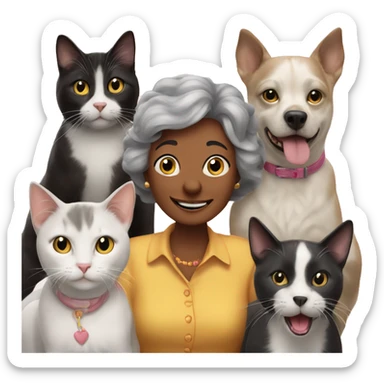 Five cats one dog and an older lady saying happy birthday sticker
