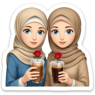 Turkish beautiful finish Konya two girls blue eyes with beige denim hijab islamic dress and had on her hand Rose Cold brew coffee   sticker