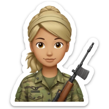 Apple emoji look — female soldier, no cap/helmet, bust, neutral smile, generic camo shirt, hair tied back, soft gradients, no weapon sticker