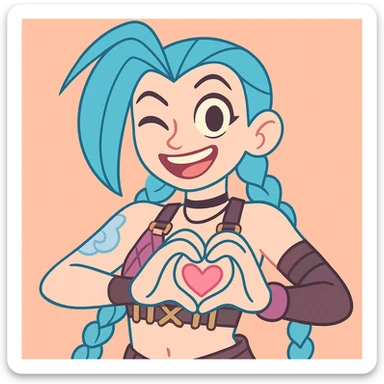 Jinx from League of Legends making a heart gesture with her hands, pastel toon style sticker