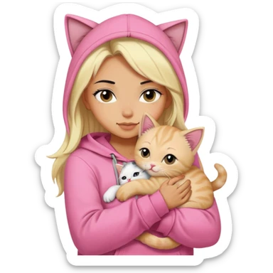 pretty woman wear pink hoodie and her hair is black..hugs a blonde kitten  sticker