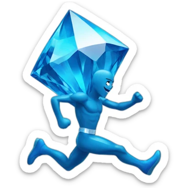 A blue diamond with a face, arms and legs running towards the finish line sticker