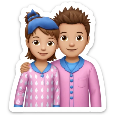 Try another - a smaller toddler girl with brown hair with her hair up, wearing pink pajamas and a bigger 4 year old boy with spikey brown hair, wearing blue pajamas. Both light skin and smiling.  sticker