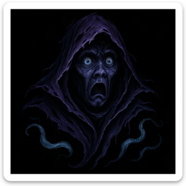 Refine the torn and ruffled hood details, making the edges more jagged and intricate, with extra emphasis on the tattered, ethereal look. Keep the surprised expression and the interplay of light and shadow forming the face, with no background. sticker