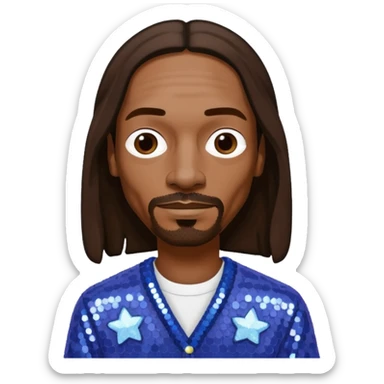 Snoop Dogg with long dark brown hair, periwinkle sequin outfit sticker