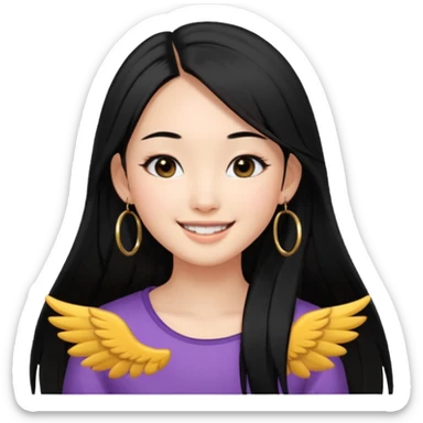 A Asian girl with fare skin and hoop earrings, long straight black hair with black eyes, smiling with a open wings eyeliner sticker