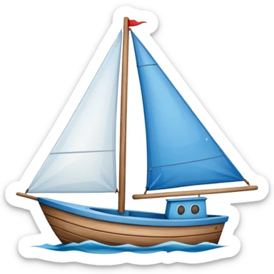 A small blue sailboat with a happy smiling face on the front sticker