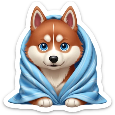 cute, disney-style, red siberian husky with blue eyes in a blanket sticker
