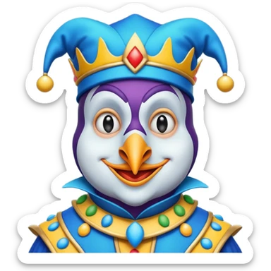 crazy colorful neutral penguin jolly joker, medieval, vintage, court jester, mac os icon, blue color sticker