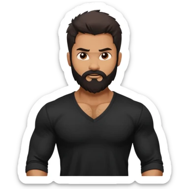 generate a pretty bratz Shahid kapoor with heavy beard and looking angry.
Make him wear a black full sleeve v neck tshirt. muscular but still lean
He shoudl look like shahid kapoor sticker