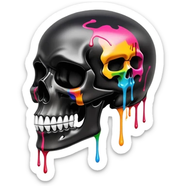 glossy black skull with street style colorful graffiti drips and iconic sports brand logos, side profile sticker
