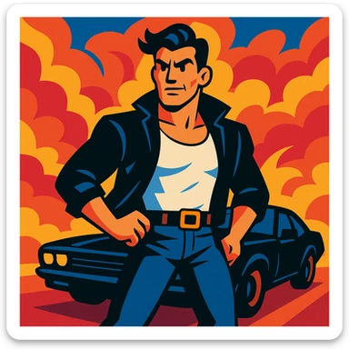 Action hero in a white tank top and black jacket, black car behind, bold and dynamic style sticker