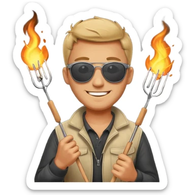 A guy in sunglasses holding tongs, proudly turning skewers over glowing charcoal. sticker