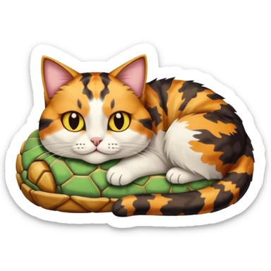 Tortious shell cat loafing and laying with tonge out with yellow eyes sticker