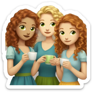Three fair-skinned girls, a blonde with curly hair and gray eyes, a redhead with green eyes and long hair and a brown-haired woman with long hair and blue eyes are drinking tea sticker