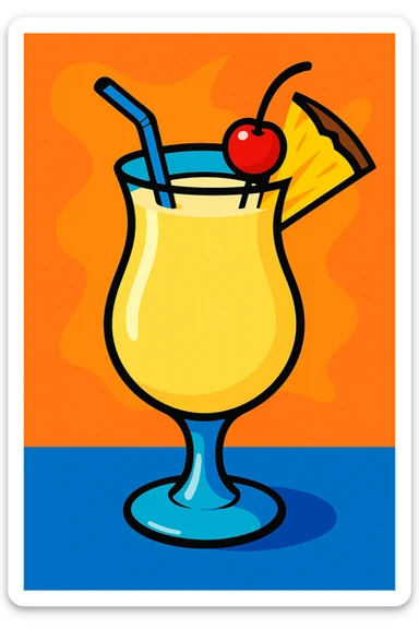 classic pina colada glass, creamy yellow drink, pineapple wedge and cherry garnish, refreshing look sticker