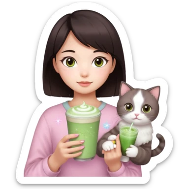 asian girl with short dark brown hair and dark brown eyes with a soft girl pink glowup aesthetic. matcha latte sparkles girly things, 2 ragdoll cat sticker