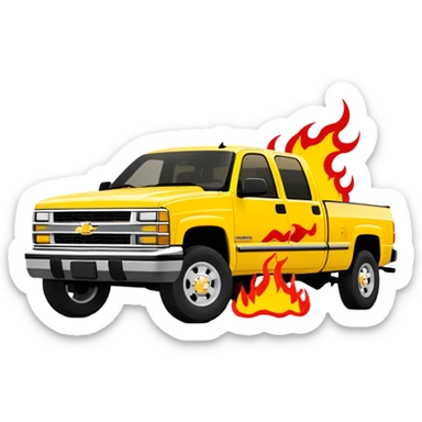 Minimalist yellow 1997 Chevrolet C-2500 Crew Cab Silverado with red flame decals across the hood front, 30-degree view, exact Kill Bill movie design, iOS emoji style sticker