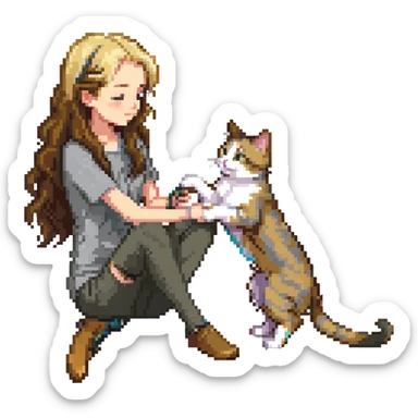 Remix: Beautiful girl with long wavy brown hair, inspired by the reference, petting a gray and blonde mixed cat, pixel art style, girl standing, cat rubbing against her leg sticker